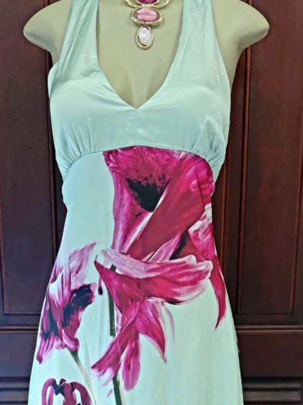 Sincerly Jules Mint Halter dress  with mint  Pink /raspberry colors Floral Print